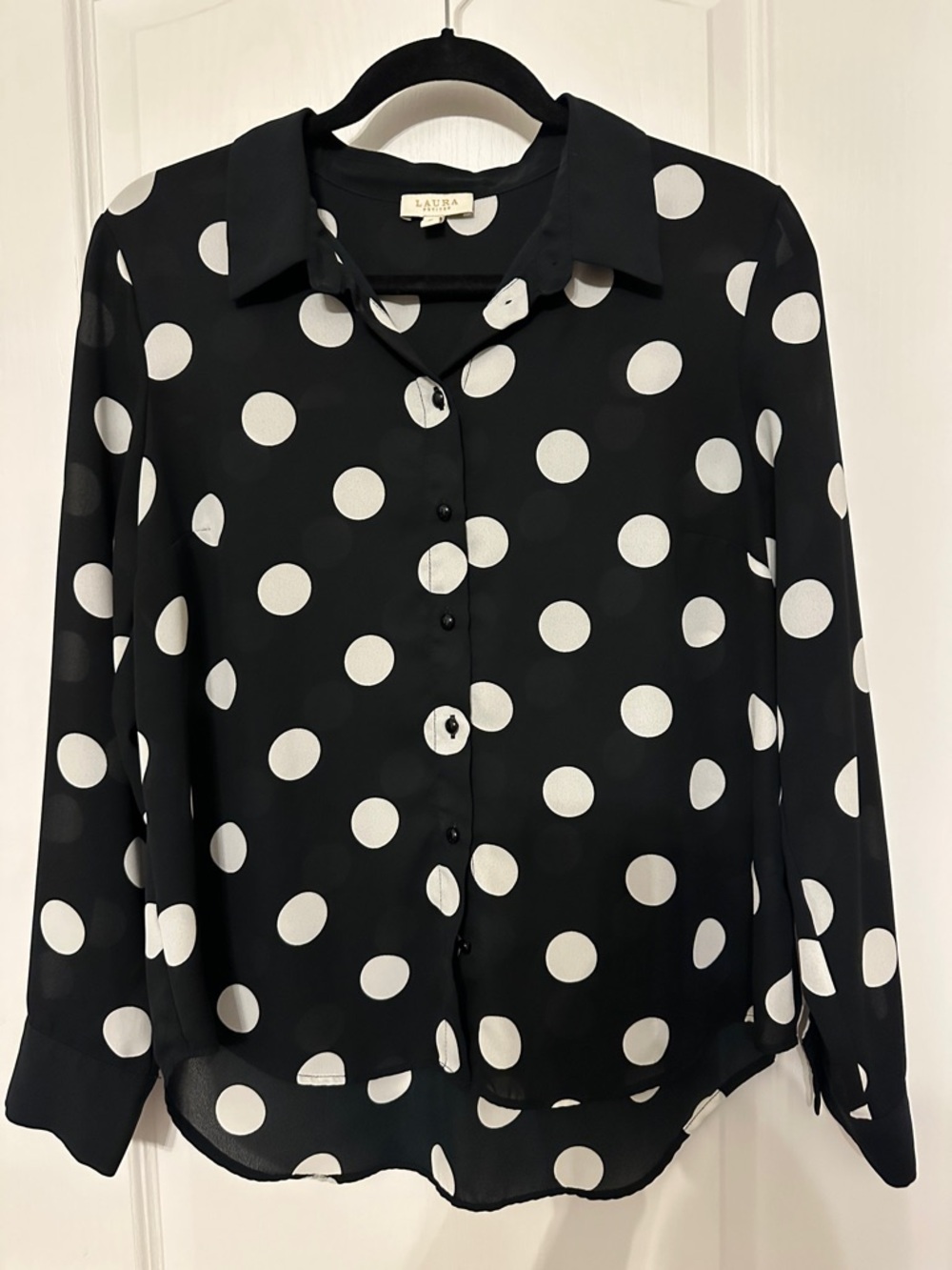 LAURA black & white polka dot button-up blouse